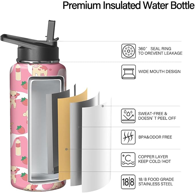 32oz Pink Cow Strawberry Water Bottle with Handle and Flip Straw,Animal Sports Stainless Steel Insulated Cup Travel Coffee Mug Tumbler, Birthday Mothers Day Chritmas Gifts for Women