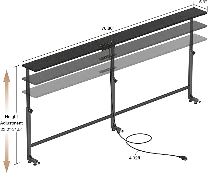Faesun 70.9 Inch Behind Couch Table, 24"-32" Adjustable Height Range, Behind The Couch Table with Outlet, Adjustable Console Table, Narrow Long Sofa Table, for Living Room, Black