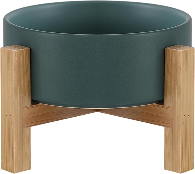 Raised Ceramic Cat Bowl - Cat Food Bowl with Bamboo Stand - Elevated Dog Food Dish for Puppies - Comfort Eating - 13.5 oz - 400 ml - Green