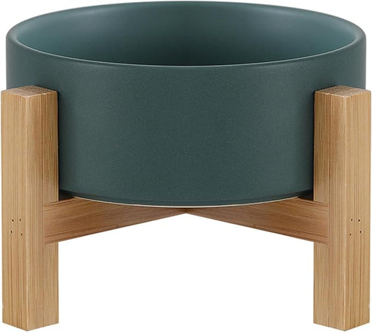 Raised Ceramic Cat Bowl - Cat Food Bowl with Bamboo Stand - Elevated Dog Food Dish for Puppies - Comfort Eating - 13.5 oz - 400 ml - Green