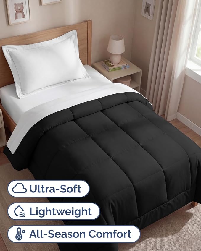 Twin Size, Black Alternative Down Comforter - Warm, Lightweight & Breathable Hotel Quality Bedding Set for Men, Women, Kids and Teens - All Season Oversized Cooling Microfiber Duvet Insert Comforter
