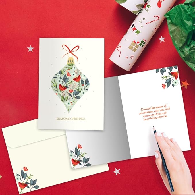 Tree-Free Greetings - Season's Greeting Cards - Artful Designs - 12 Cards + Matching Envelopes - Made in USA - 100% Recycled Paper - 5 x 7 - Elegant Ornament (VP80737)