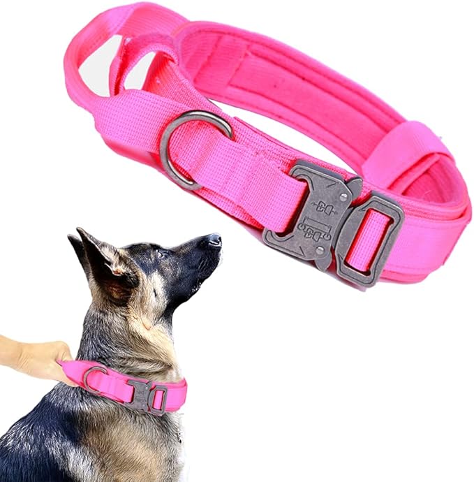 Tactical Dog Collar Adjustable Military Nylon Dog Collar with Control Handle and Heavy Duty Metal Buckle for Medium and Large Dogs (Pink,XL)