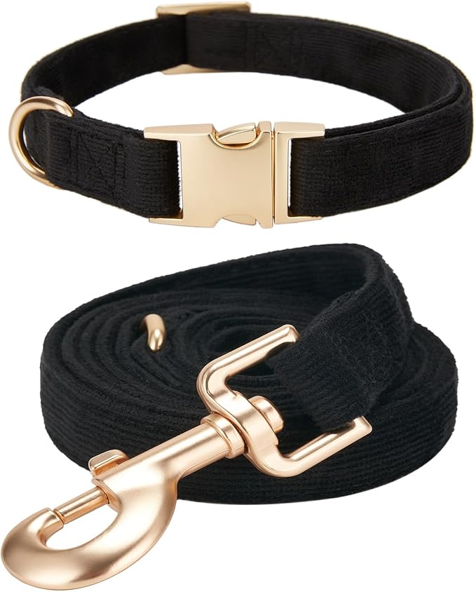 Soft Corduroy Dog Collar and Leash Set Adjustable Durable Dog Collars with Metal Buckle and Lead for Large Dogs,Black