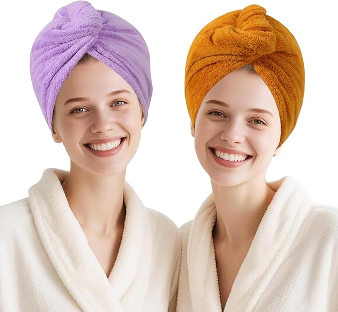 Microfiber Hair Drying Towel Wrap for Women, Hair Turbans Towel for Wet Hair,turbie Twist Hair Towels(The Color of the Picture is for Reference only) (Apricot Yellow,Purple)