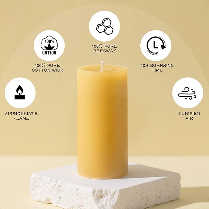 6 Pack Beeswax Pillar Candles for Home, Pure Natural Beeswax Candles Emergency Candle for Home, 210 Hours Organic Unscented Bees Wax Pillar Candle for Prayer, Dripless & Smokeless (2x4in)