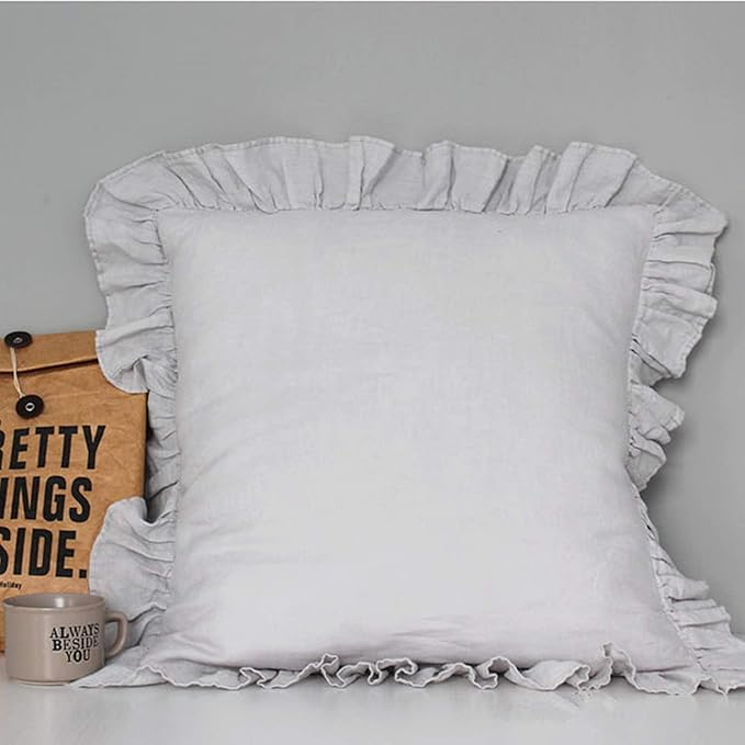 100% French Linen Throw Pillow Covers - Set of 2 - Washed Flax Decorative Ruffled Square Cushion Cover Solid Color Soft Breathable - Grey, 18'' x 18''