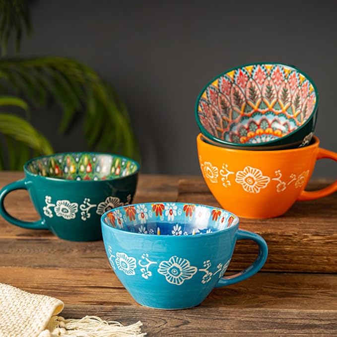 Bohemian Hand-Painted Ceramic Mug, 15 Oz Large Coffee Cup for Milk, Tea, and Breakfast, Dishwasher & Microwave Safe Artisan Cup, Baby Blue