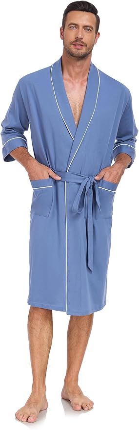 COLORFULLEAF 100% Cotton Men’s Summer Bathrobe Lightweight & Breathable Short Sleeve Kimono Robe with Pockets