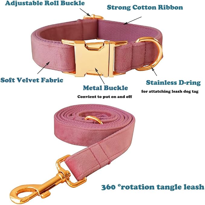 Love Dream Velvet Dog Collar and Leash Set, Soft & Comfy Adjustable Dog Leash and Collar with Heavy Duty Metal Buckle for Small Medium Large Dogs Training & Walking (Large, Pink)