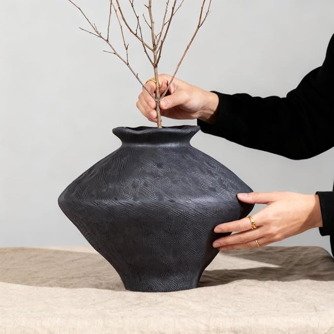 Wabi Sabi Vase, 11.5" Wabi Sabi Decor Rustic Vase, Black Ceramic Vase for Centerpiece, Vintage Farmhouse Decor for Home Decorative, Table, Living Room, Bedroom, Bathroom, Kitchen