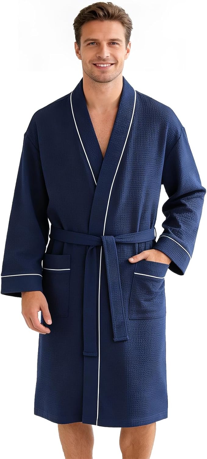 Inner Wish Men's Cotton Waffle Kimono Robe, Lightweight Soft Spa Shower Bathrobe, Hotel Lounge Robes for Men