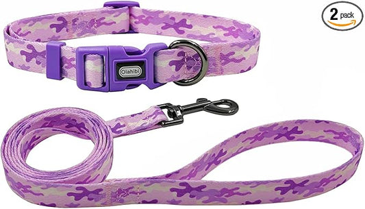 Dog Collar Leash Set, Camouflage Pattern, Polyester Material, Adjustable Collar and 5ft Matching Leash, for Medium Dogs.(M, Purple Camo)