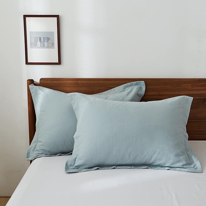 100% French Linen Pillow Shams Basic Style - Pack of 2 - Washed Solid Color Natural Flax Soft Breathable - Dusty Blue, 20'' x 26''
