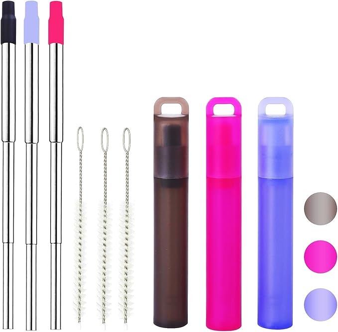 Reusable Metal Straws Travel 3 Pack Collapsible Straw with Case and Cleaning Brush Retractable Portable Pocket Straws