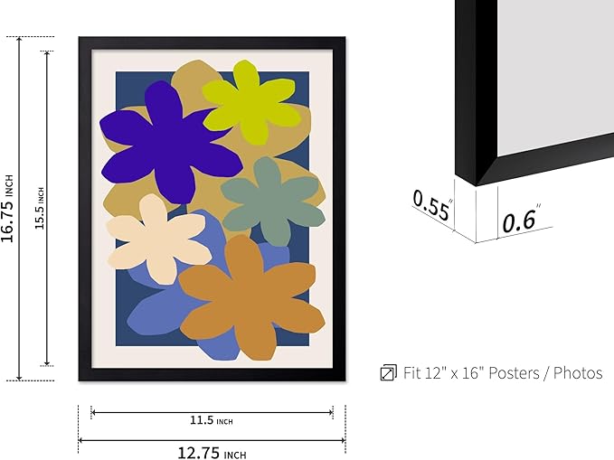 Monem Art Colorful Abstract Floral Shapes Print - Modern Minimalist Flower Art Poster - Wall Decor for Living Room, Bedroom or Office - 12x16 Black Framed Wall Art by Rs Lab Studio