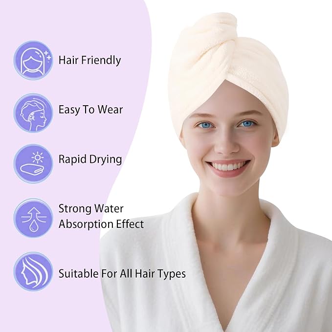 Microfiber Hair Drying Towel Wrap for Women, Hair Turbans Towel for Wet Hair,turbie Twist Hair Towels(The Color of the Picture is for Reference only) (Warm White)