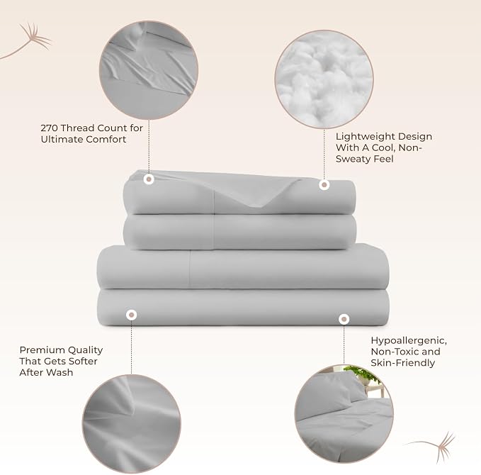 100% Organic Cotton Sheets Queen Size - GOTS Certified Cotton Percale Sheets with Crisp Cool & Breathable Percale Weave Perfect for Hot Sleepers - Durable Luxury 4 Piece Set (Silver, Queen)