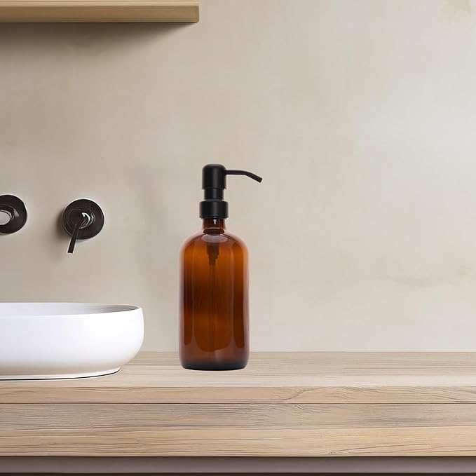 Diahom Soap Dispenser Amber Glass Hand Dish Soap Dispensers 1pcs Stainless Steel Pump 16 Oz for Kitchen Sink Countertop Bathroom