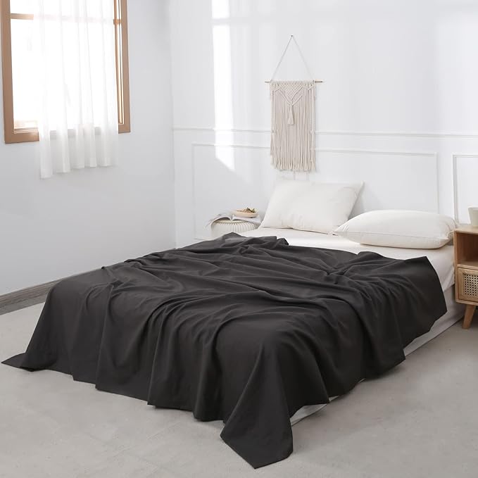 BISELINA Linen Sheet French Flax Flat Sheet Only 55% Euro Linen 45% Cotton Basic Style Solid Color Soft Breathable Farmhouse Top Sheet 1-Piece (Twin, Dark Grey)