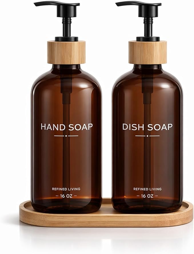 Hand and Dish Soap Dispenser Set,16oz Glass Bottles with Bamboo Pumps & Tray,Countertop Soap Dispensers for Kitchen,Luxury, Minimalist & Farmhouse Decor