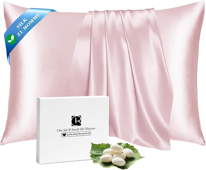Ravmix Silk Pillow Cases with Zipper, 21momme Mulberry Silk Pillowcase for Hair Skin Health, Soft Smooth Breathable Cool Pillow Cover for Beauty Sleep with Gift Box 1PC(Standard 20"x26", Soft Pink)