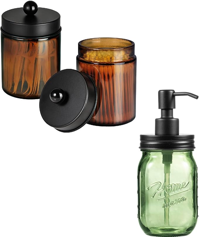Amolliar 16OZ Green Glass Mason Jar Liquid Soap Dispenser Bundle With Amber Glass Qtip Holder, Apothecary Jars with Matte Black Metal Lid & Stickers-Bathroom Qtip Dispenser Storage Organizer Set