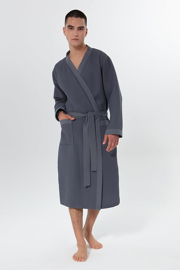 SEYANTE Turkish Cotton Waffle Robe for Men – Organic GOTS Certified Spa Bathrobe, Lightweight Kimono, Soft Cotton Bathrobe