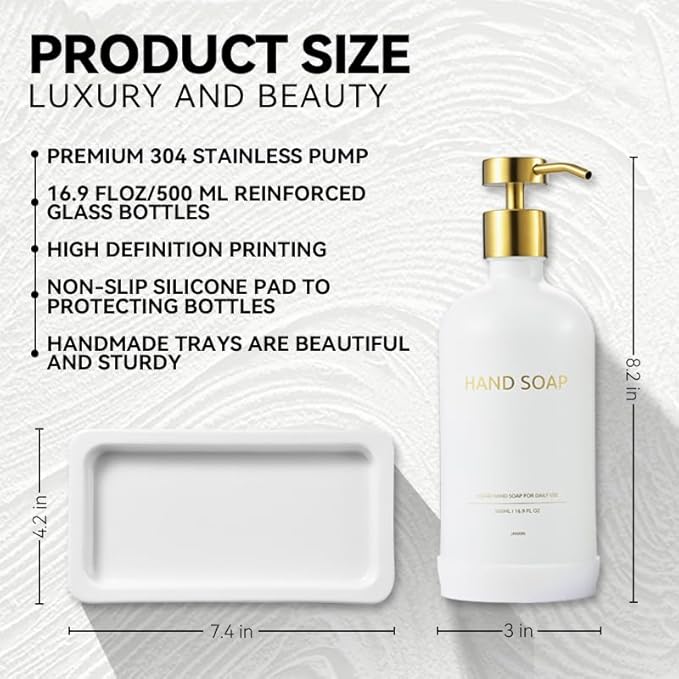 Glass Kitchen Soap Dispenser Set with Ceramic Tray,16.9 floz Hand and Dish Soap Dispenser for Kitchen and Bathroom Decor (White Bottles + Gold Pumps)
