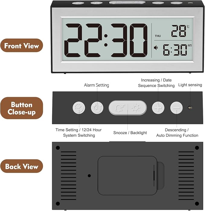 ALANAS Battery Operated Alarm Clock, Portable Digital Clock with Large Display, Snooze, Temperature & Date, Auto-Dim Night Light for Easy Reading, Ideal for Seniors, Kids, Bedroom, Travel, Nightstand