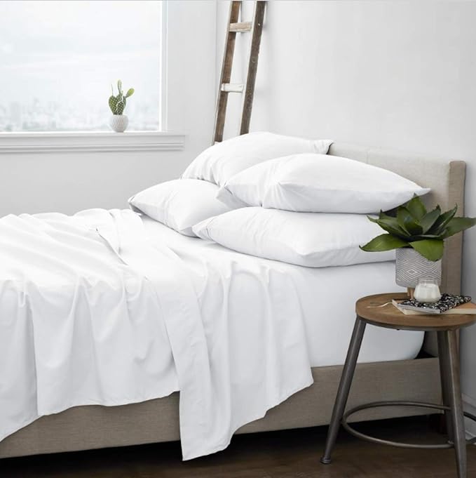 Femini Fashion 100% Organic Cotton Bed Sheets 800-Thread-Count, 16-Inch Deep-Pocket, Luxury Breathable Crisp 4-Piece Bed Sheet Set (1 Flat Sheet, 1 Fitted Sheet, 2 Pillowcases) - Twin-XL, White