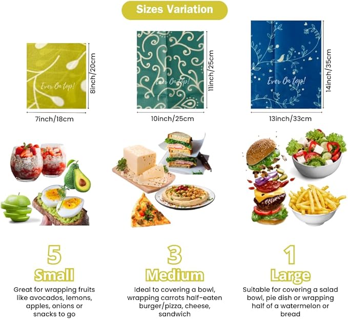 9 Pack Reusable Beeswax Wraps For Food - Zero Waste, Organic Bee wrap for food leftovers, Fruit, Bees wax paper food wrap
