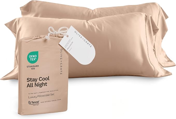 Olive + Crate Tencel Eucalyptus Pillowcases - 100% Tencel Lyocell Cooling Pillow Cases for Hot Sleepers - Hypoallergenic, Moisture-Wicking, Silk Alternative, Queen Size Set of 2 [Terracotta Clay]