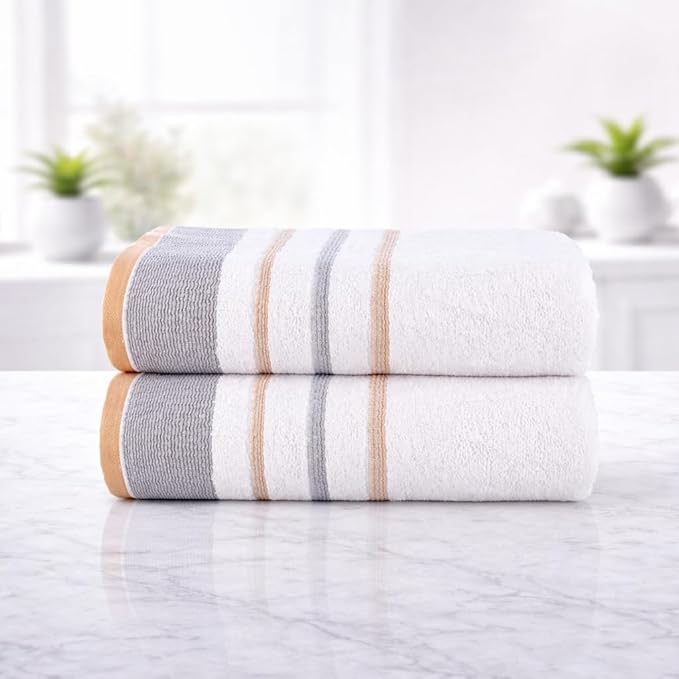 CASA COPENHAGEN White Bay 2Pcs 100% Egyptian Cotton Large Designer Bathsheet Towels Gift Set- Grey - Beige, 600GSM, 35"x70" 2Bath Sheet Towels for Bathroom (Gift Set for Women & Men)