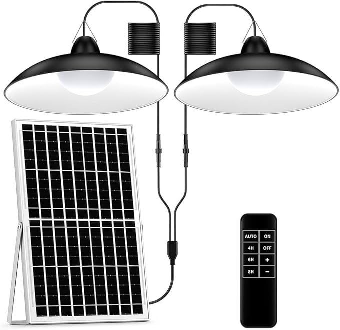 ZZE Solar Shed Light Indoor Outdoor with Dual Big 8.7” Dimmable Lamps, 2000LM Daytime Available Pendant Solar Powered Light with Remote Dusk to Dawn IP67 Waterproof for Gazebo, Storage, Shop, Barn