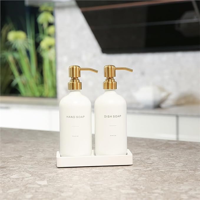 Liquid Dispenser Soap Dispenser Set Glass with Stainless Steel Pump Countertop Soap Bottle(White Bottle+Gold Pump)