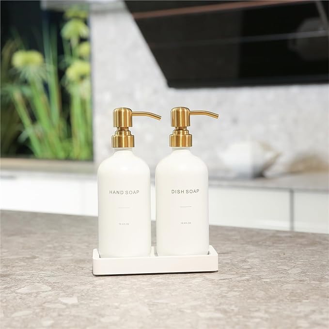 soap Dispenser Soap Dispenser Set Glass Refillable Lotion Bottle(White Bottle+Gold Pump)