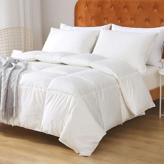 Feathers Down Comforter Queen - 100% Organic Cotton Cover, Medium Warm All Seasons Duvet Insert or Stand-Alone Comforter (90x90, Ivory White)