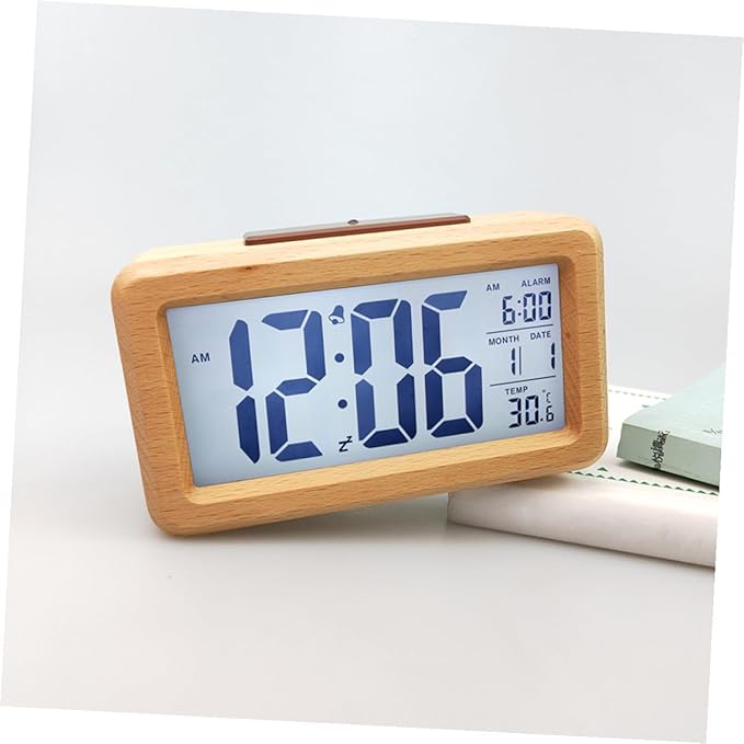 Wooden Digital Alarm Clock LED Desktop Clock with Light Sensor Natural Wood Color Non-Battery Powered for Home Bedroom Office Use