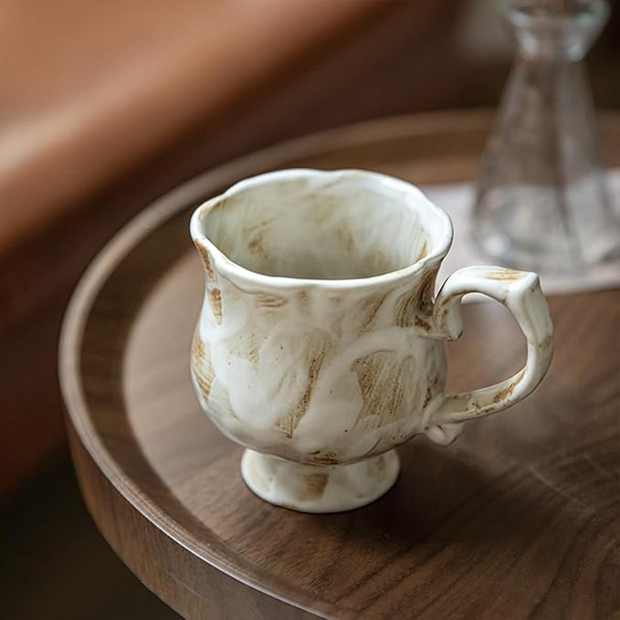 10 oz Footed Ceramic Mug, White & Brown Rustic Handmade Glazed Coffee Cup with Handle, Vintage Tea Cup for Home Office, Dishwasher & Microwave Safe