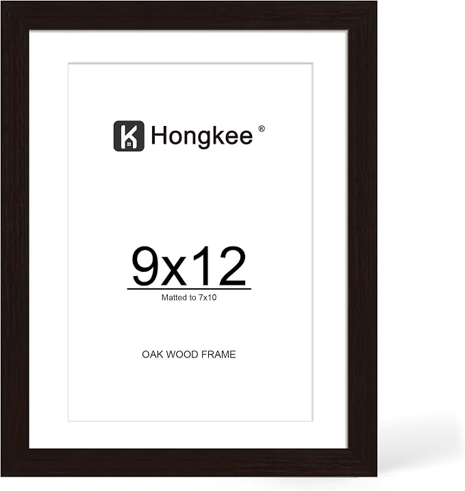 Hongkee 9x12 Oak Wood Picture Frame 1 Pack(Matted 7x10), Real Glass Cover | Black, 9 x 12 Solid Wood Frame for Wall or Tabletop Display - Includes Easel Back, Vertical Hang - Ideal for Home, Office