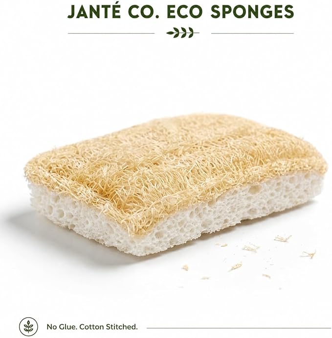 Natural Loofah Dish Sponges by Janté Co. (6-Pack) - Kitchen Sponges | Authentic Natural Loofah - Cotton Stitched - No Synthetic Glue - Air Dry Design - FSC Sourced Cellulose