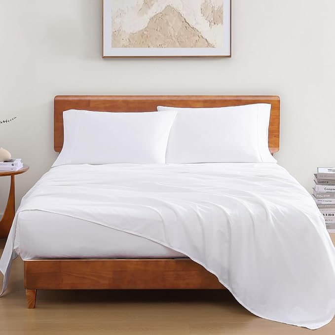LANE LINEN 100% Organic Cotton Fitted Sheet Queen, 15" Deep Pocket Snug Fit Fully Elasticized Naturally Temperature Regulating Soft & Comfy Deep Pocket Queen - White (+Pillowcases)