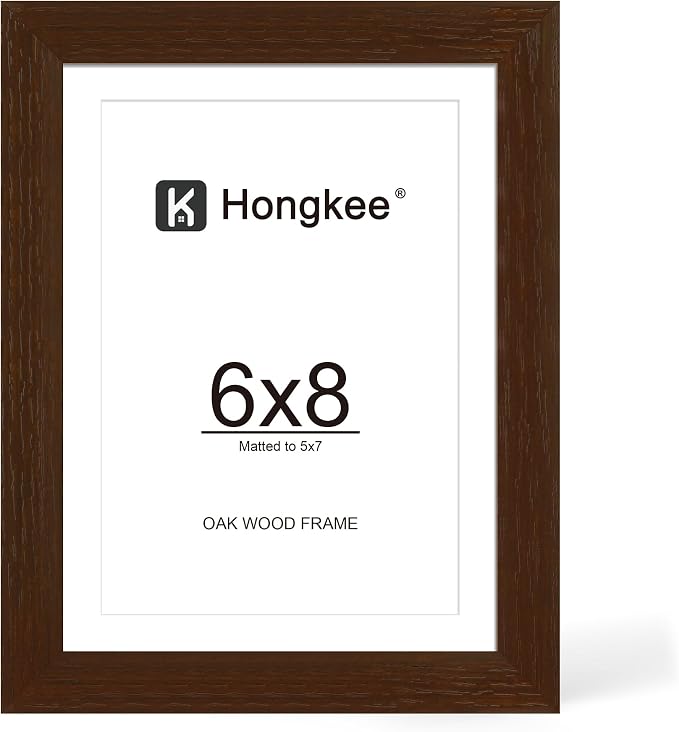 Hongkee 6x8 Oak Wood Picture Frame 1 Pack(Matted 5x7) with Real Glass Cover | Walnut, 6 x 8 Solid Wood Frame for Wall or Tabletop Display - Includes Easel Back, Vertical Hang - Ideal for Home, Office