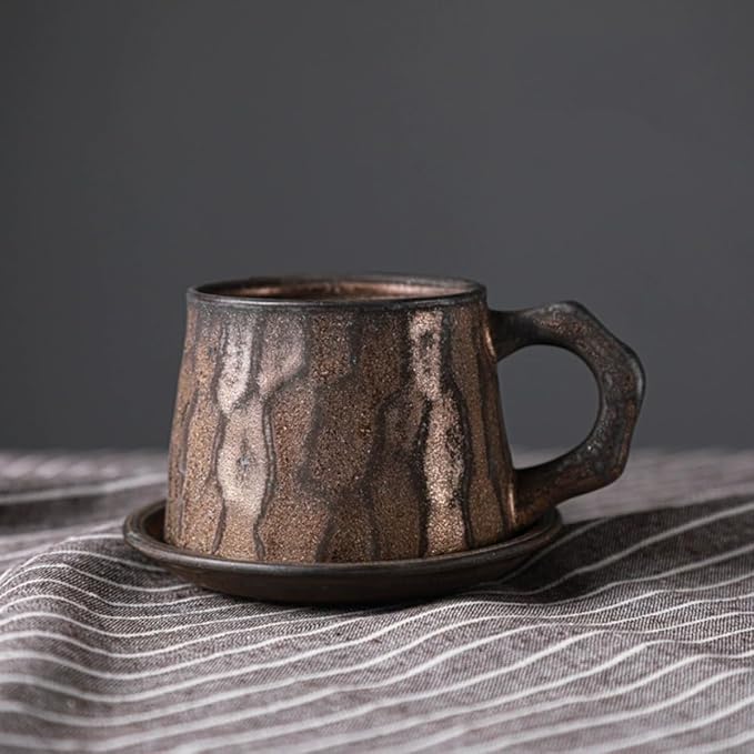 Vintage Faceted Speckled Ceramic Coffee Mug with Saucer, Rustic Stoneware Cup for Tea Latte (YF-CS05)