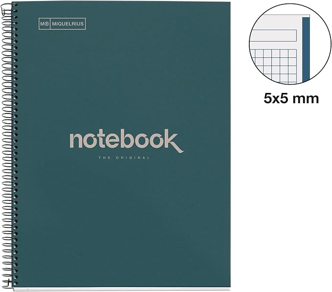 Miquelrius - Recycled Notebook A4, 80 Sheets of 80 g/m², 5 x 5 mm Grid, Post-Consumer Recovery Paper, 1 Colour Strip, 4 Holes, Marine Eco-Cover