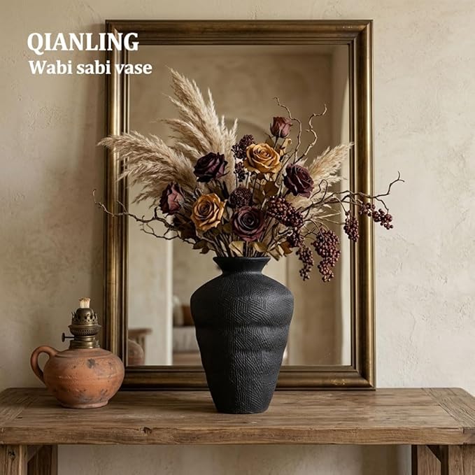 Wabi Sabi Decor Rusty Vintage Vase - 8.7" Tall Rustic Farmhouse Wabi Sabi Vase for Centerpiece, Pottery Stone Flower Vases for Home Decor, Table, Living Room, Bedroom, Bathroom, Kitchen (Black)