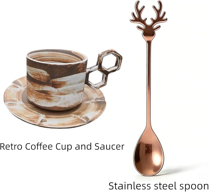 Ceramic Coffee Cup Set with Saucer and Spoon, Vintage Design Handmade Lead-Free Ceramic Artistic Latte Cappuccino Barista Espresso Tea Cup with Saucer, Coffee Cup, Tea Cup, Milk Tea Cup