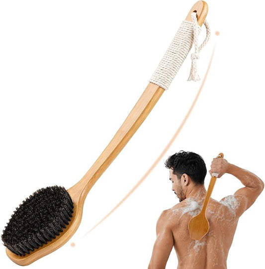 Back Scrubber for Shower，17in Bamboo with Curved Long Handle - Stiff Natural Boar Bristles for Men and Women, Deep Cleansing and Exfoliating, Anti-Slip Grip for Wet or Dry Brushing (Black)