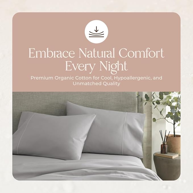 Organic Full Fitted Sheet Only Deep Pocket - 100% Organic Cotton Sheets with Soft Breathable 500 Thread Count Sateen Weave GOTS & Fairtrade Certified - Fitted Bed Sheets Only (Gray, Full)